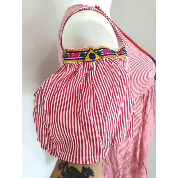 SAHIBA Stripe Flower Pot Patio House Dress TASSELS Red White L/XL - Picture 9 of 16